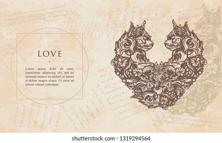 Love. Two cats in form of heart. Renaissance background. Medieval manuscript, engraving art 