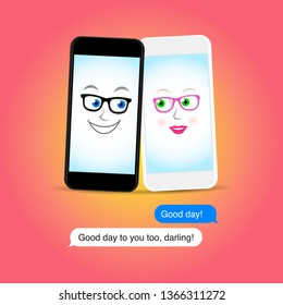 Love of two cute smatrthones, talking, sms messenging with other. Black and white smartphones with glasses in cartoon illustration.