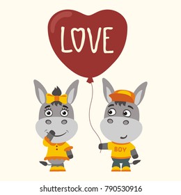Love. Two funny donkeys, boy and girl, with balloon-heart. Greeting card for Valentine's day.