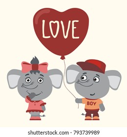 Love. Two funny elephants, boy and girl, with balloon-heart. Greeting card for Valentine's day.