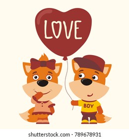 Love. Two funny foxes, boy and girl, with balloon-heart. Greeting card for Valentine's day.