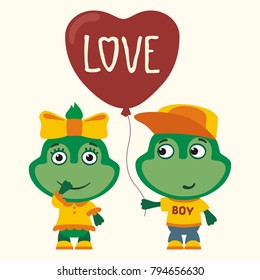 Love. Two funny frogs, boy and girl, with balloon-heart. Greeting card for Valentine's day.