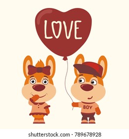 Love. Two funny rabbits, boy and girl, with balloon-heart. Greeting card for Valentine's day.