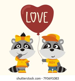 Love. Two funny raccoons, boy and girl, with balloon-heart. Greeting card for Valentine's day.