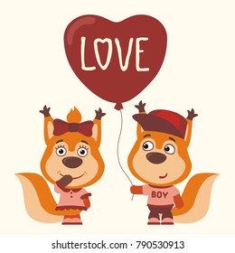 Love. Two funny squirrels, boy and girl, with balloon-heart. Greeting card for Valentine's day.