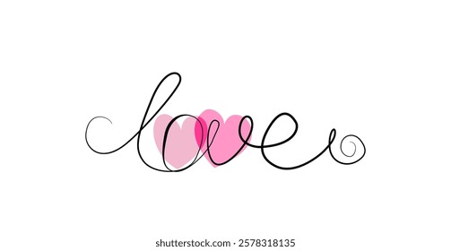 Love, two hearts, continuous one line drawing. Valentine's Day concept. Hearts connect trendy minimalist illustration. Black, white, pink colors. Minimalist outline drawing. Vector