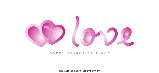 Love and two lover pink magenta hearts logo. Love lettering calligraphy logo for luxury gift pack of cosmetics, jewelry, decoration, gift card isolated on white background. Happy Valentine's Day