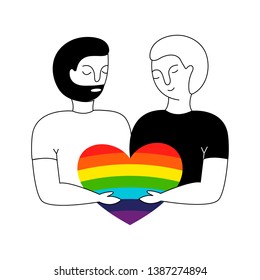 Love of two men, homosexual love. Happy Valentine's day greeting card. Gay friends. LGBT couple. Vector hand drawn illustration. 