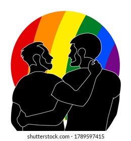 Love of two men,  LGBT couple. Rainbow lgbt flag background. Vector hand drawn illustration.