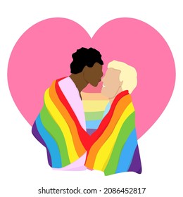 Love of two men,  LGBT couple. Rainbow lgbt flag. Flat vector illustration.