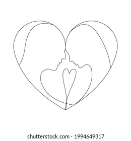 Love. Two simple linear profiles of a man and a woman in the heart. A couple in love. Vector. Can be used on valentine's day. Isolated.