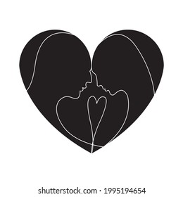 Love. Two simple linear profiles of a man and a woman in the black heart. A couple in love. Vector. Can be used on valentine's day. Isolated.