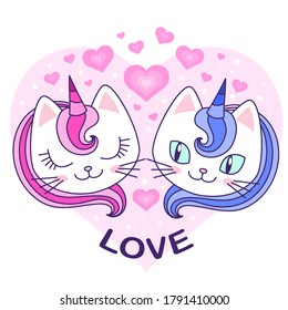 Love. Two unicorn cats in love. Fantastic animals. For the design of prints, posters, postcards, stickers, banners, etc. Vector illustration