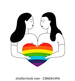 Amor a dos mujeres, amor homosexual. Familia de lesbianas.Pareja LGBT. Ilustración dibujada a mano por vectores. 