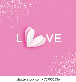 LOVE Typographic Lettering With White Paper Cut Heart. Happy Valentine's Day Greetings Card. Romantic Holidays. Pink background. 14 February.