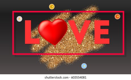 Love typography card, large red heart in the form of an inflatable, scarlet balloon. Top view on composition with golden glitter background, candles and frame. Template for creative persons