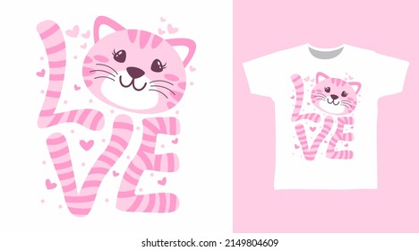 Love typography with cat tshirt concept design