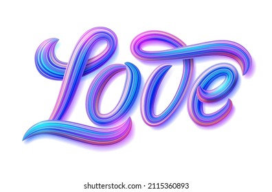 Love typography with colorful neon stripes. Vector illustration with 3d lettering for wedding invitations, greeting cards. Volumetric realistic inscription in wavy font