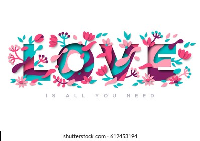 Love typography design with abstract leaves and flowers isolated on white background. Vector illustration. Colorful floral elements for Valentines day print.