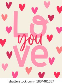 "Love you” typography design with hand drawn heart for valentine’s day card design