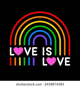 Love is love typography design with rainbow background. Pride month celebration concept design.