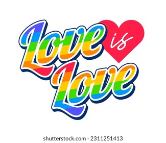 Love is Love typography design with rainbow colored stripes. Positive quote for Pride month. 