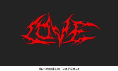 Love typography in fiery red tribal jagged vector design, sharp edges on a dark background. Ideal for alternative, heavy metal, or unique branding concepts