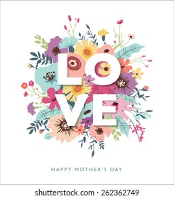 LOVE typography with flowers background