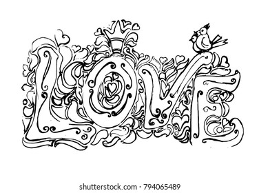 Love Typography Hand Drawing Black Contour Stock Vector (royalty Free 