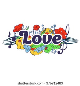 Love typography lettering with flower elements on the background.