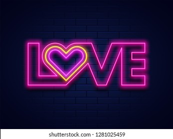 Love typography with neon lighting effect on blue brick wall background for valentine's day celebration concept.