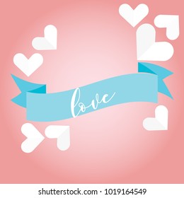 Love typography on blue ribbon with white paper hearts on pink background. Ideal for backdrop, Valentine's Day, cover, poster, print, banner, card.