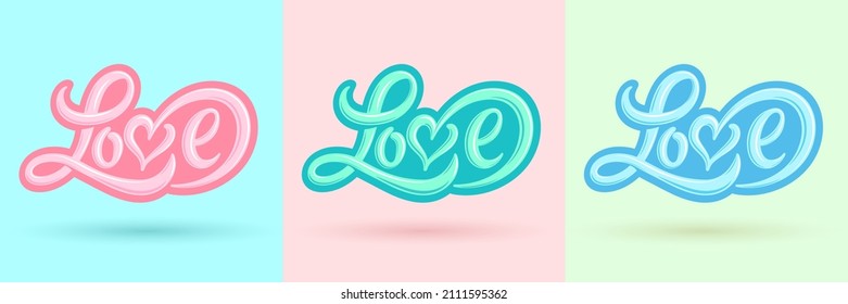 Love typography in pastel colors on light blue,pink and light green background. Love typography for Love,wedding and Valentine's Day concept.Vector illustration eps 10