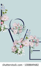 LOVE typography with Pink Cherry blossom flowers, mint background. Valentines day card.