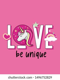 love typography slogan with hand drawn cute unicorn illustration for fashion print and other uses