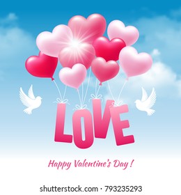 Love typography text with flying pink heart shape balloons. Design for valentines day greeting card or banner on blue sky background. Vector illustration. 