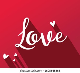 Love typography Valentine Day banner with hearts and handwritten calligraphy isolated on red background