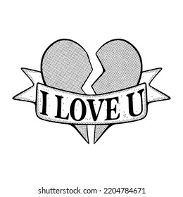 I love u with broken heart Illustration hand drawn cartoon sketch lineart vintage style vector