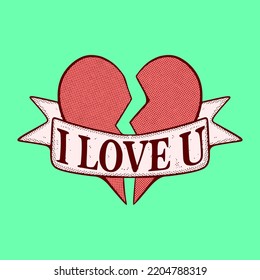 I love u with broken heart Illustration hand drawn cartoon colorful vintage style vector