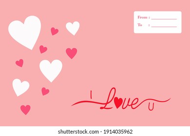 I Love U Card. White Hand Drawn Calligraphy Lettering with Hearts Decorative Ornaments on Pink Lips Background. Use for Greeting Cards.