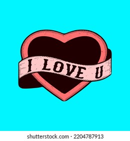 I love u with heart Illustration hand drawn cartoon colorful vintage style vector