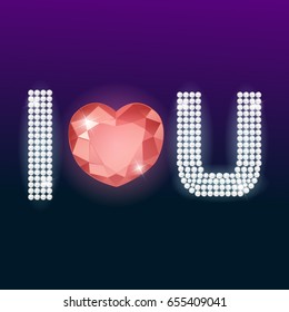 I love U sparkling text gems on purple black background, abstract design