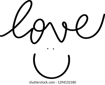 Love u words vector. Hand writing message for valentine. Smiling face doodle.