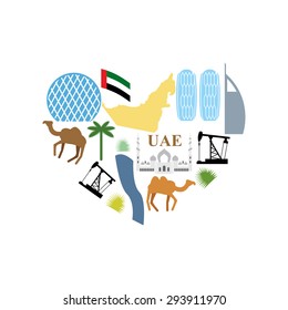 I love UAE. Symbol Heart attractions of  United Arab Emirates. Map UAE and DESERT, camel and an oil rig. Skyscrapers and Abu Dhabi , Mosque. Vector illustration