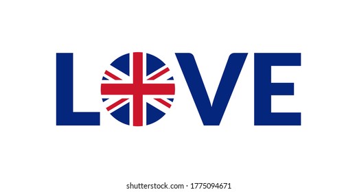 Love UK design with British flag. Great Britain patriotic logo, sticker or badge. Typography design for T-shirt graphic. Vector illustration.