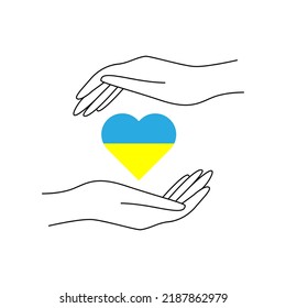 Love Ukraine, color national flag emblem heart. Flag of Ukraine with heart shape and caring hands - vector illustration