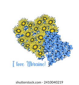 I love Ukraine! Ethnic motifs based on sunflower and periwinkle. Traditional Ukrainian symbols. Heart from a ribbon in the colors of the flag. Patriotic design and decor concept.