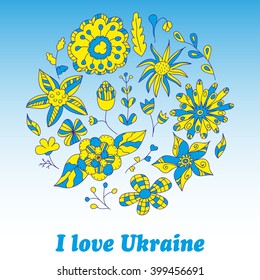 I love Ukraine. Floral circle in yellow and blue colors. Motherland. Bright flowers.