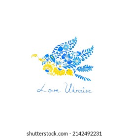 Love Ukraine, flying bird colored of the national flag. Card design with bird and ethnic flowers Ukrainian art. Folk art print design. Glory to Ukraine. Vector illustration