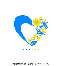 Love Ukraine, heart emblem national flag colored. Flag of Ukraine with heart shape and ethnic flowers Ukrainian art. Folk art print design